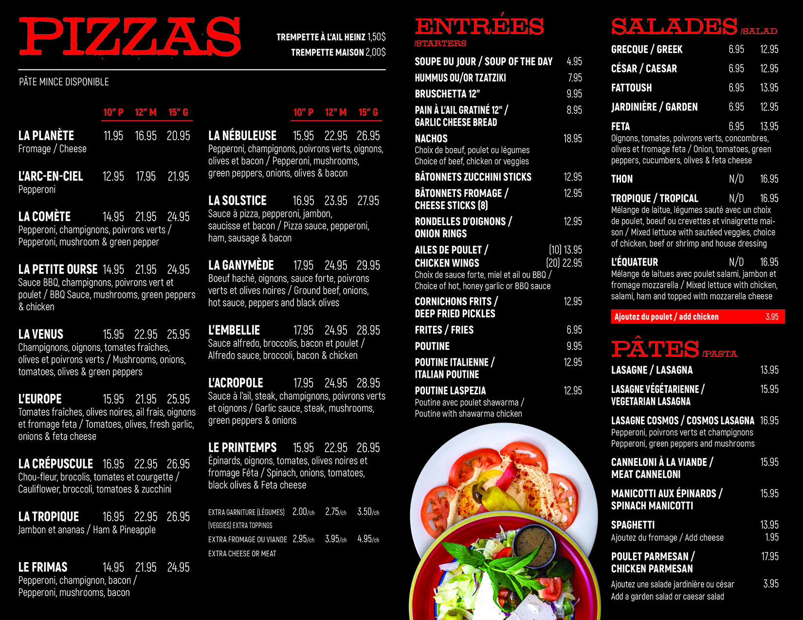 Menu Laspézia, pizzas, entrées et salades